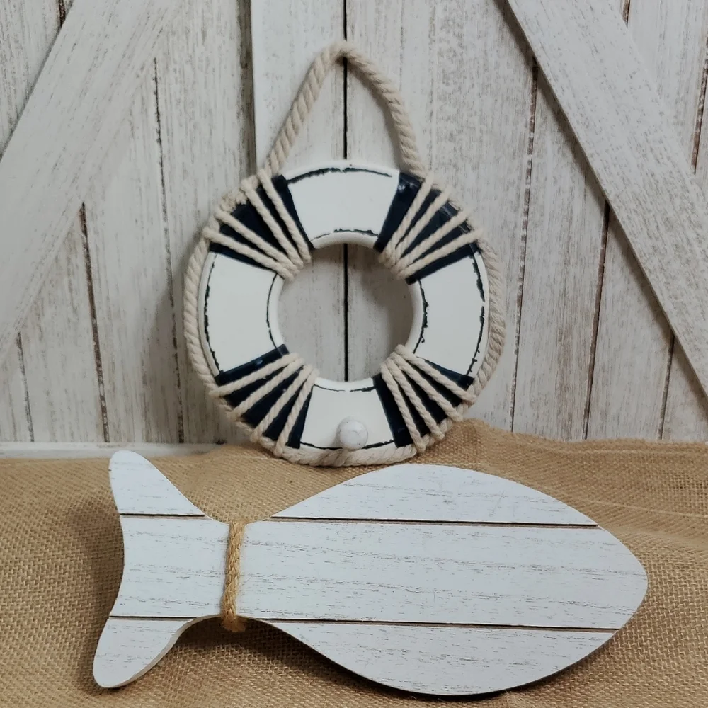 Wood Life Preserver Wall Decor Nautical Beach Coastal Wall Hanging & Wood Fish